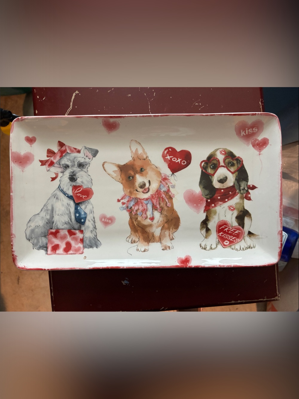 Pier 1 Decorative Dog Valentine Tray in White, Red, Pink